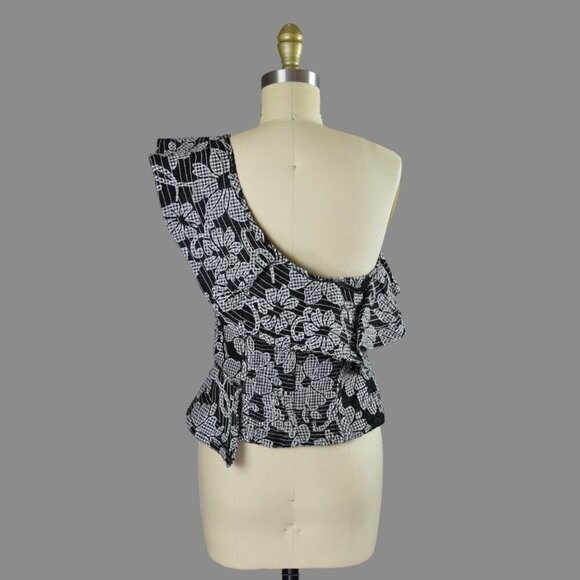 ZARA WOMAN FLORAL PRINT BLACK ONE SHOULDER RUFFLE TOP - Picture 4 of 6